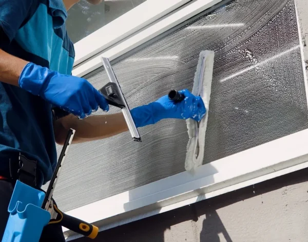 Professionelle-Reinigungskraft-putzt-Fenster