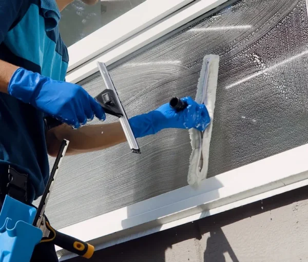 Professionelle-Reinigungskraft-putzt-Fenster